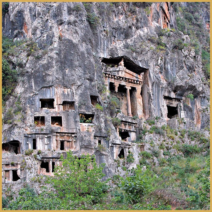 Ancient king tombs made in mountain in Dalyan 